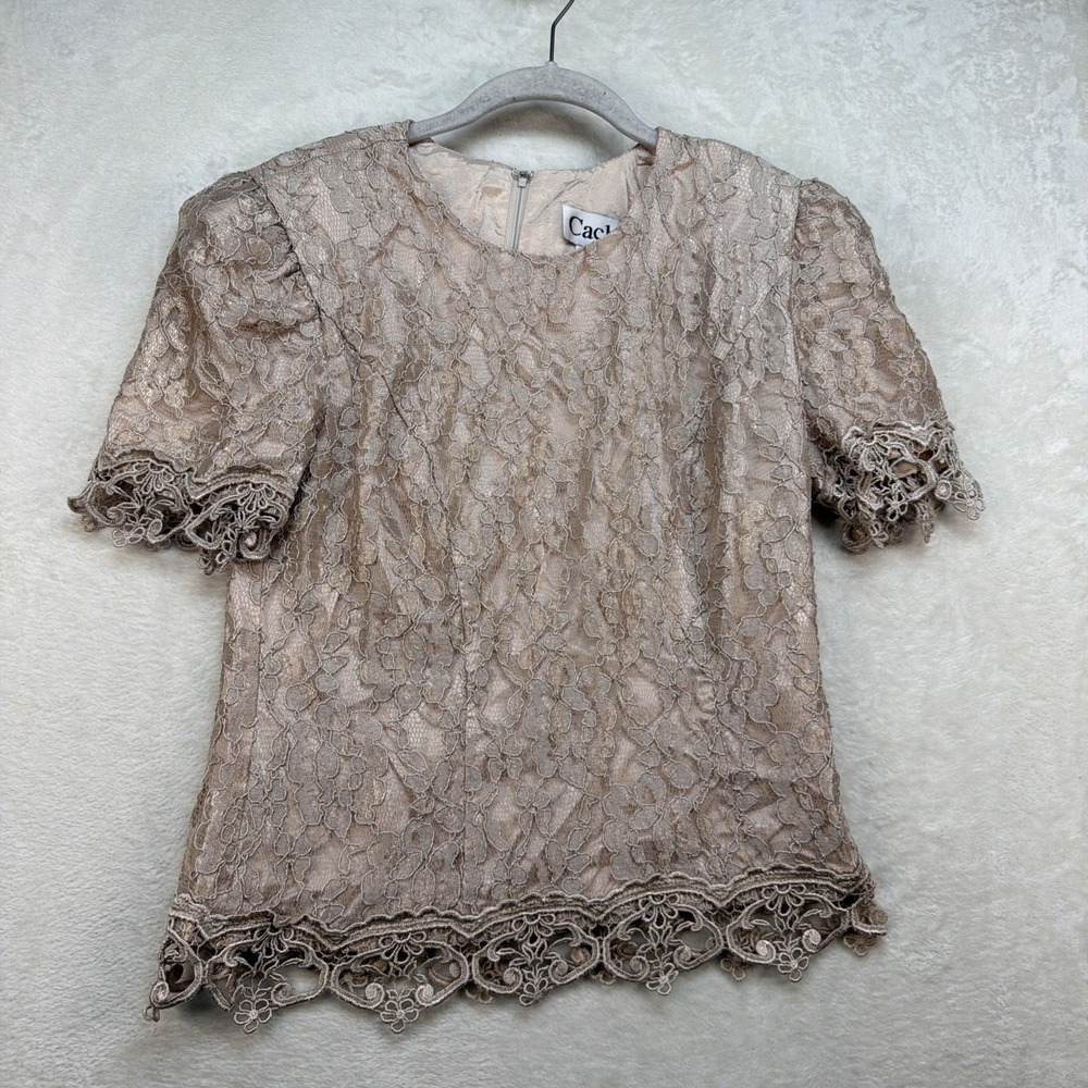 Vintage Cache Lace Top Womens 10 Beige Y2K Romantic Sheer Party Going Out - Picture 2 of 8